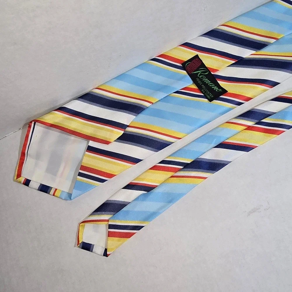 VINTAGE Dark & Light Blue Yellow & Red Striped Tie ROMANO‎ Polyester